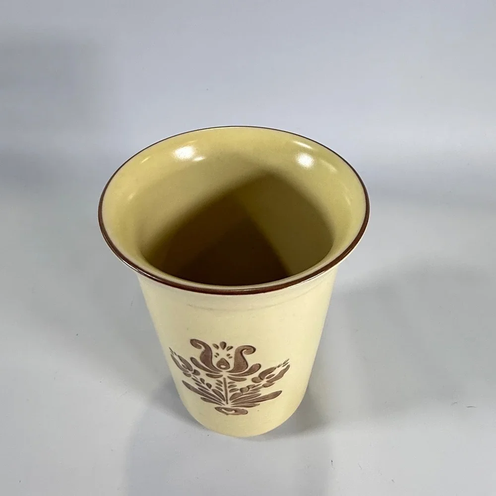 VTG Pfaltzgraff Village Stoneware Crock Utensil Holder Vase Tan Brown Floral USA